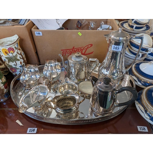 145 - Good quality Oval Silver plated tray with gallery and a collection of assorted Silver plated tablewa... 