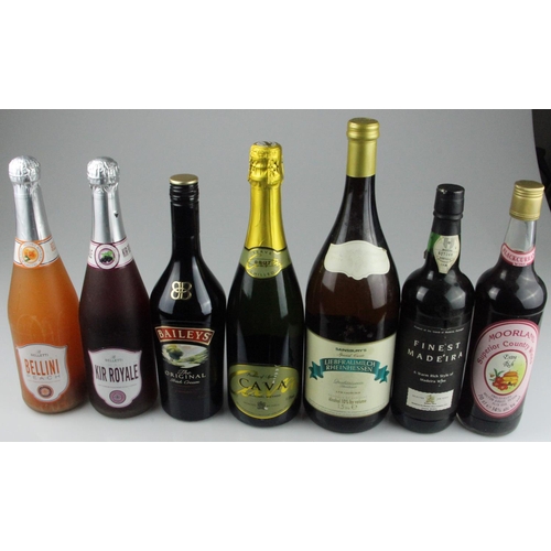 149 - Seven bottles of wine & other drinks: Bellini Peach 75cl; Kir Royale 75cl; Baileys 75cl; Brut Cava 7... 