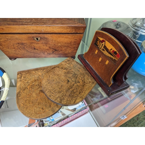 23 - 19thC sarcophagus tea caddy and assorted Wooden wares