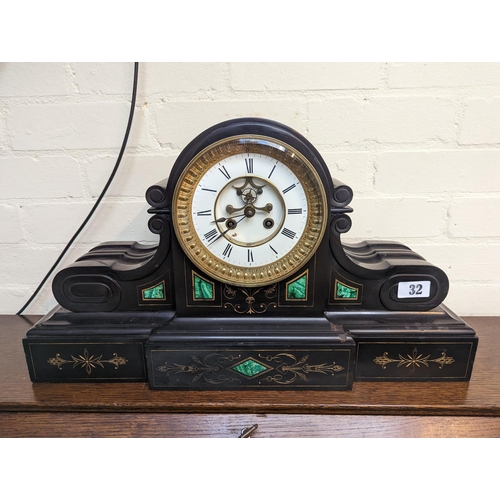 32 - 19thC Belgian Slate mantel clock with inset malachite and open escapement and roman numeral dial