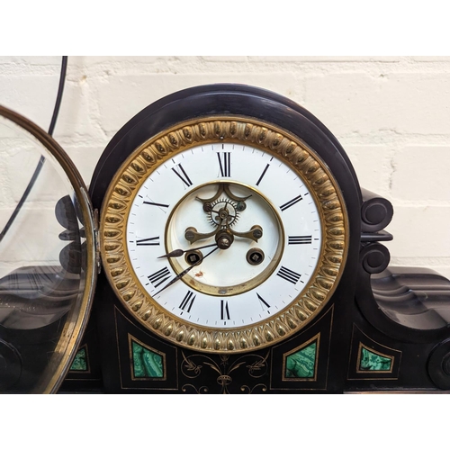 32 - 19thC Belgian Slate mantel clock with inset malachite and open escapement and roman numeral dial