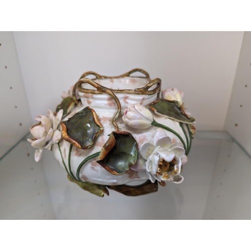 61 - Interesting 19thC Porcelain vase with encrusted floral decoration by Moore Bros. Stamped mark to bas... 