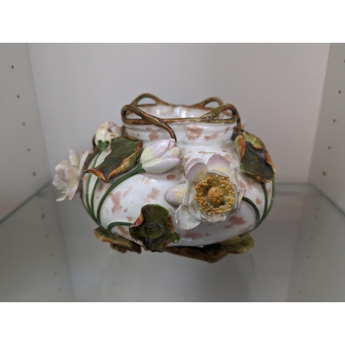 61 - Interesting 19thC Porcelain vase with encrusted floral decoration by Moore Bros. Stamped mark to bas... 