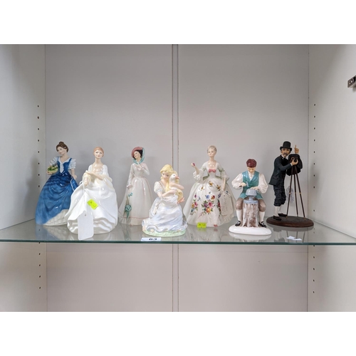 63 - Collection of 5 Royal Doulton figurines, Coalport figurine and The Fairweather collection photograph... 