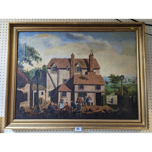 82 - 19thC Oil on canvas of a Publican scene in naïve form in gilt frame