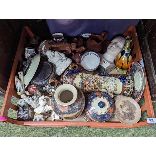 83 - Large tray of assorted ceramics inc. Phrenology head by Fowler, Terracotta ware etc