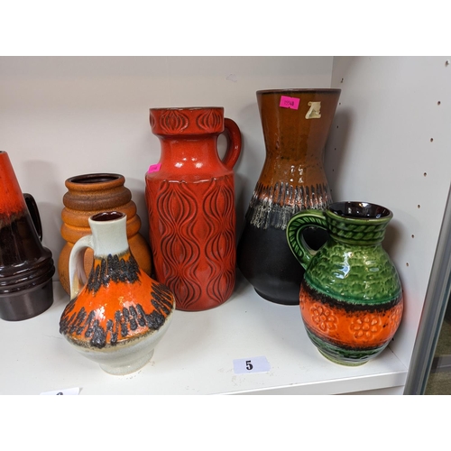 9 - Collection of West German Pottery inc. Burnt Orange Vases, Ewers etc