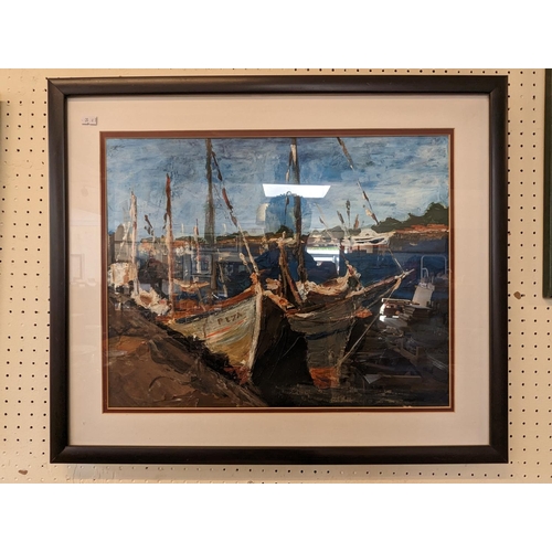 90B - Framed oil of yachts in a Harbour scene by Brian Beattie dated 2008