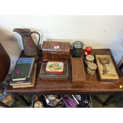 95 - Domed inlaid Tea Caddy J Sankey & Sons Copper Jug and assorted bygones