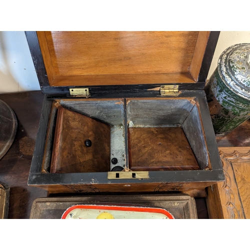 95 - Domed inlaid Tea Caddy J Sankey & Sons Copper Jug and assorted bygones