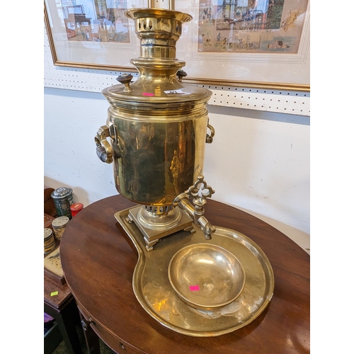 97 - Large Vintage Brass Samovar with tray and dish