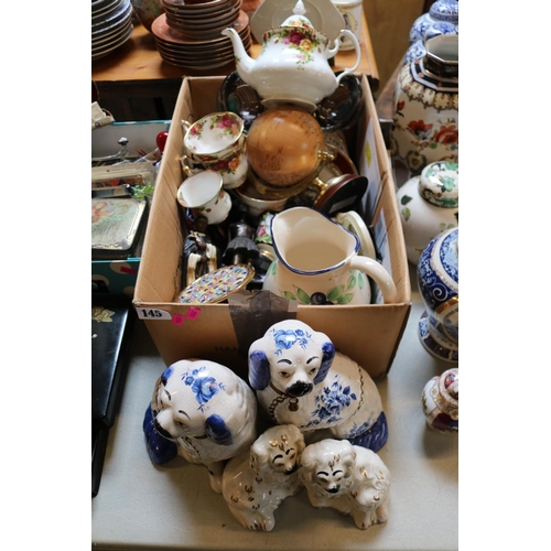 145 - Box of assorted ceramics inc. Royal Albert Old Country roses, Staffordshire dogs etc