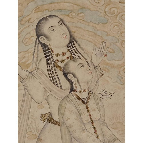 59 - 18thC Nim Qalam Drawing, in ink with details in paint, on paper, Depicting woman crouching and man w... 