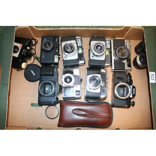 2 Boxes of assorted Cameras inc. Ricoh, Ilford, Canon etc