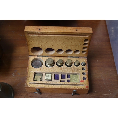 9 - Pair of Brass weighing balances with integral weights and assorted weighing scales with assorted wei... 