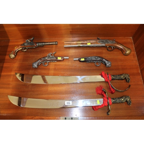 115 - Pair of Eagle handled show swords and a collection of 4 Souvenir wall display pistols