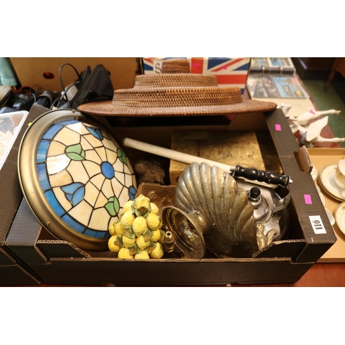 116 - Box of assorted Bygones inc. Leaded ceiling light, Italian Lemon centrepiece and a woven stepped hat... 