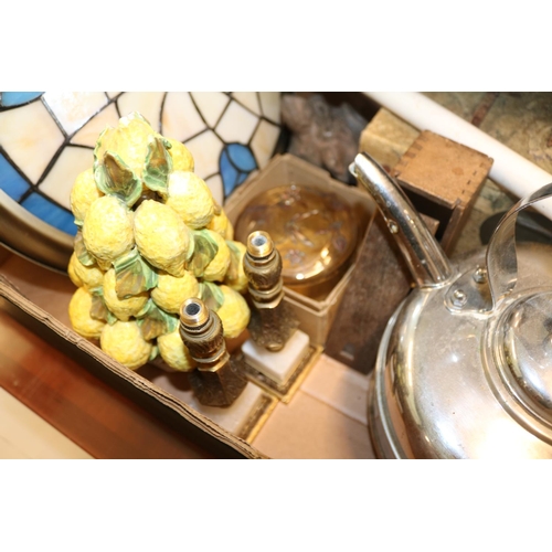 116 - Box of assorted Bygones inc. Leaded ceiling light, Italian Lemon centrepiece and a woven stepped hat... 