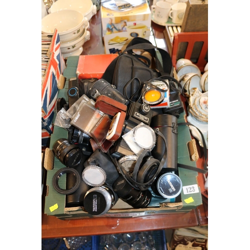 123 - Box of assorted Cameras and Lenses inc. Zeiss Ikon Meter, Tamron Lenses etc