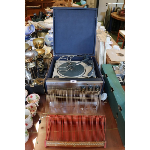 133 - Vintage Alba Portable Record Player and 2 Vintage Singles Racks