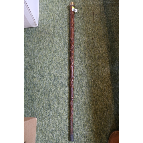 138 - WW1 Oak Serpent Carved stick dated November 11th 1918 with brass end
