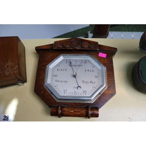 28 - Art Deco Walnut cased mantel clock and a Oak cased Barometer