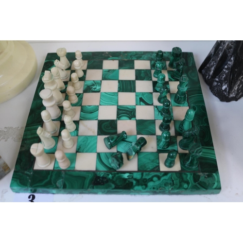 3 - Malachite Chess board with Pieces, Minton Haddon Hall lidded pot, Pair of Marble bookends, Orthocera... 