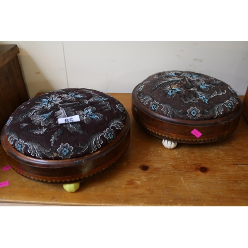 85 - Pair of 19thC Beadwork circular gout stools on ceramic feet