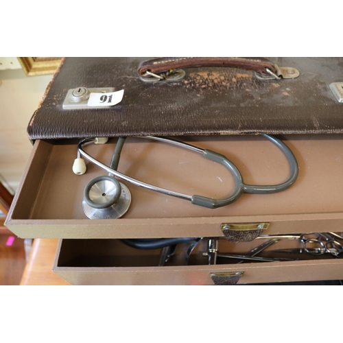 91 - Leatherette Doctors travelling case with assorted contents