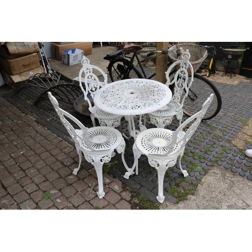 350 - Painted Aluminium White Garden table and 4 chairs of pierced decoration