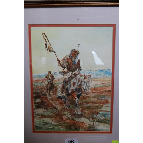 68 - Framed watercolour of a North American Native Indian on horseback signed indistinctively