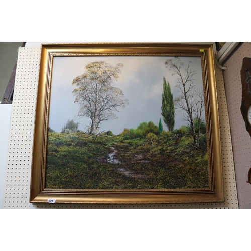 111 - Large oil on canvas depicting countryside scene, signed D Oakes 197, with London gallery label to ve... 