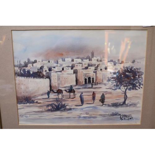 112 - Pair of orientalist Arabic North African water colours depicting walled town