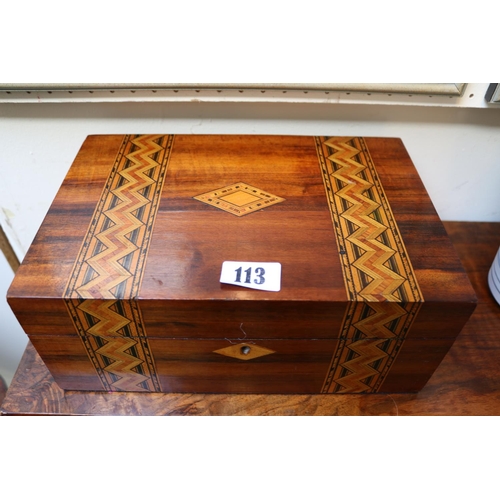 113 - Edwardian inlaid sewing box with original fitted interior