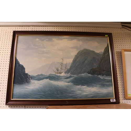 125 - BJ Phillips Marine Artist Oil on canvas of a Galleon in stormy seas against rocky shoreline 75 x 50c... 