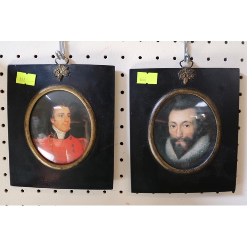 128 - Pair of Ebonised and gilt framed Georgian style miniatures depicting the Duke of Wellington & Tudor ... 