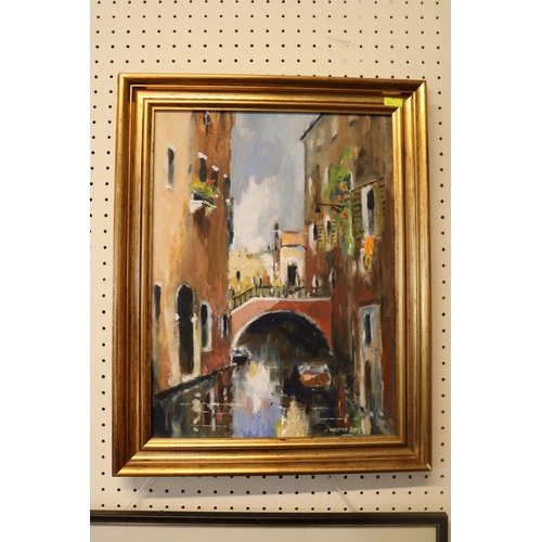 151 - Norman Sims Oil on board of a Venetian canal scene in gilt frame 27 x 36cm