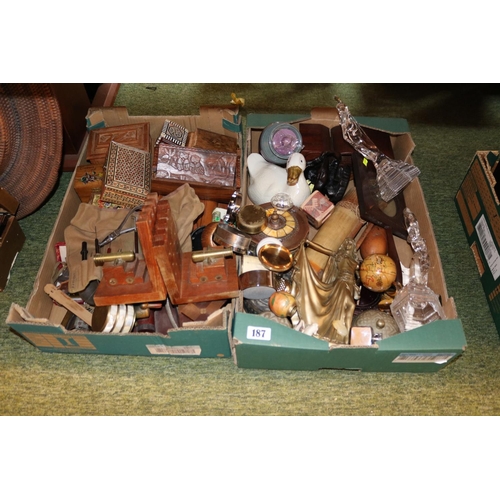 187 - 2 Boxes of assorted Collectables and bygones inc. Pair of Cannon stylised book ends, Bijoux jeweller... 