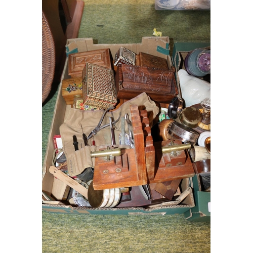 187 - 2 Boxes of assorted Collectables and bygones inc. Pair of Cannon stylised book ends, Bijoux jeweller... 