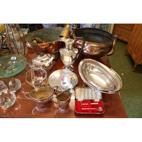 188 - Collection of 19thC and later Silver plated tableware, 19thC 2 handled Copper planter, Hammered Copp... 