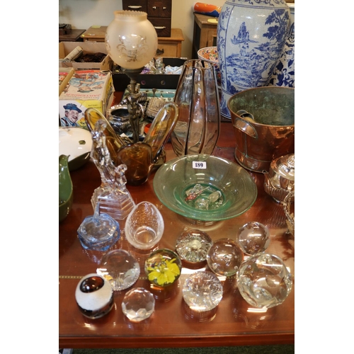 189 - Collection of assorted Art Glassware and a Cast table lamp with Nude figure, Paperweights etc