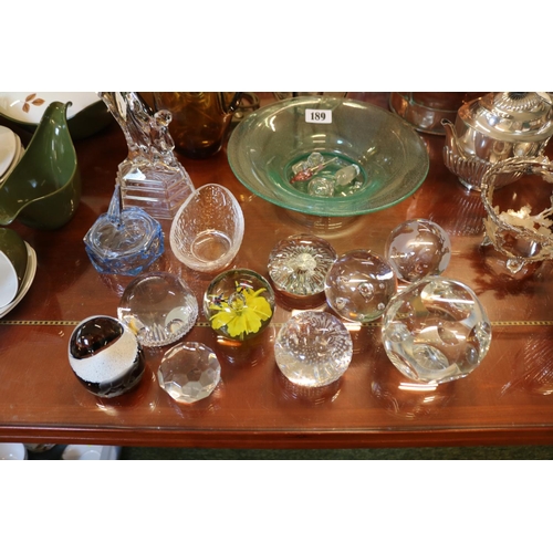 189 - Collection of assorted Art Glassware and a Cast table lamp with Nude figure, Paperweights etc