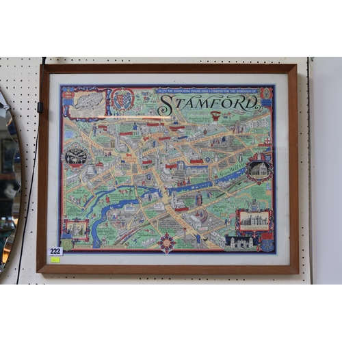 222 - Framed 1950s Framed map of Stamford Lincolnshire by Wilfred R Wood 66 x 53cm