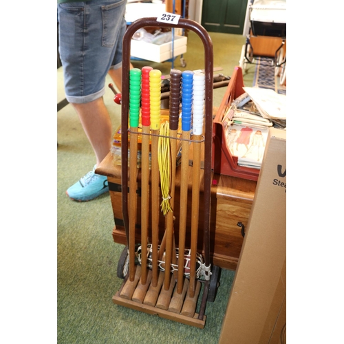 237 - Croquet set on metal trolley stand with Mallets, Hoops and Balls