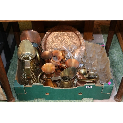 239 - Box of assorted Copper tableware and a collection of etched Edwardian Glasses