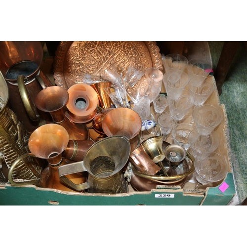 239 - Box of assorted Copper tableware and a collection of etched Edwardian Glasses