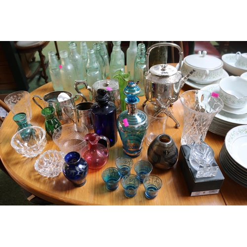 296 - Aesthetics movement Silver plated kettle on stand, 3 piece Silver Tea set and assorted Art glassware