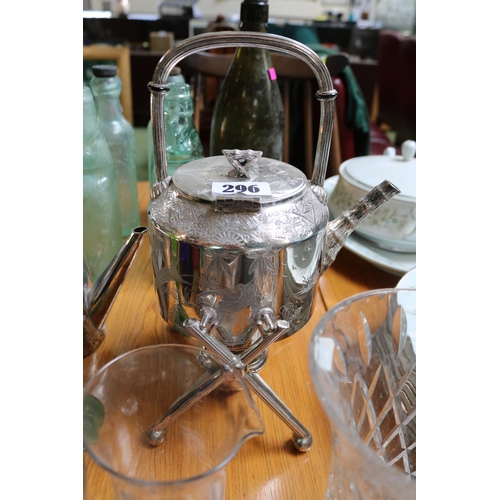 296 - Aesthetics movement Silver plated kettle on stand, 3 piece Silver Tea set and assorted Art glassware