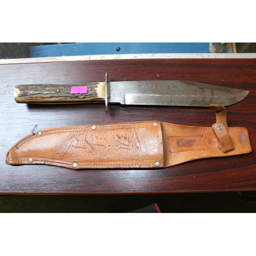 335 - Original Bowie Knife with Antler handle and Leather Stag embossed sheath