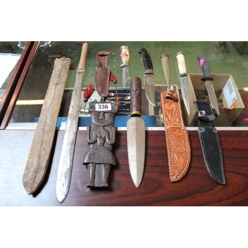 336 - Collection of assorted Vintage Knives inc. Ceremonial Knife in carved wooden scabbard etc